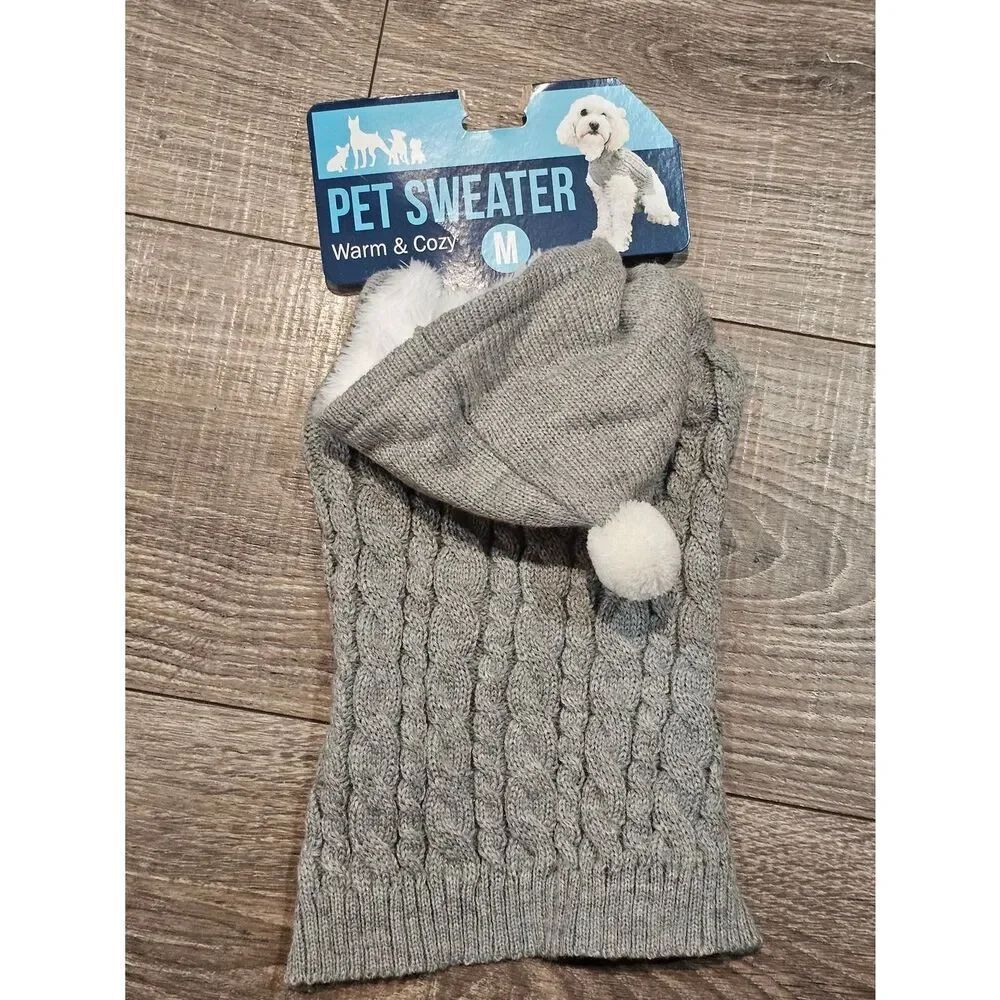 NEW Pet Sweater Size M Grey Knit Dog Sweater with Hood and Pom